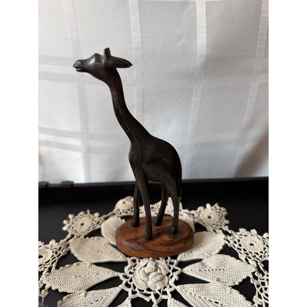 Vintage Hand Carved Dark Wood Giraffe Figurine Sculpture on Oval Base Artisan